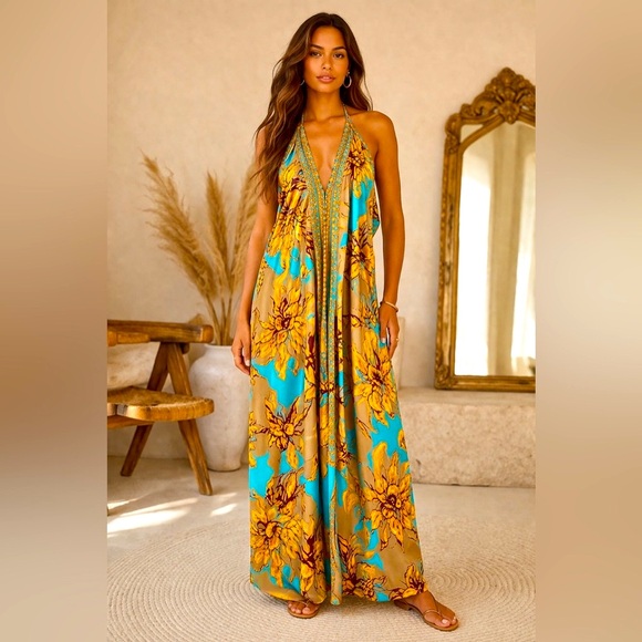 Karma Highway Dresses & Skirts - 🧡🩵Karma Highway Boho Embellished Mirror Work Halter Maxi Dress Floral OS 🤎🪞